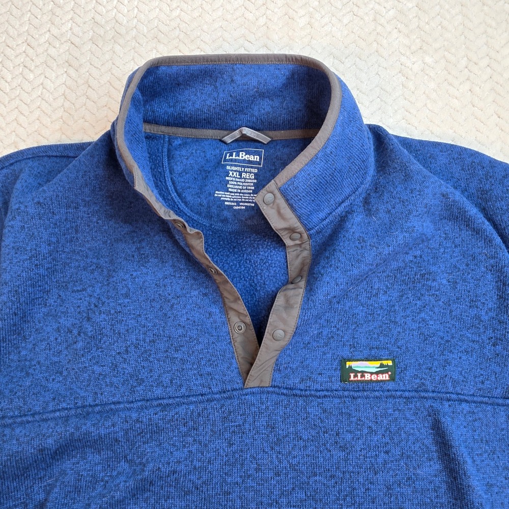 LL Bean Mens Sweater Fleece Pullover Blue Heather Snap Mock Neck XXL 298050